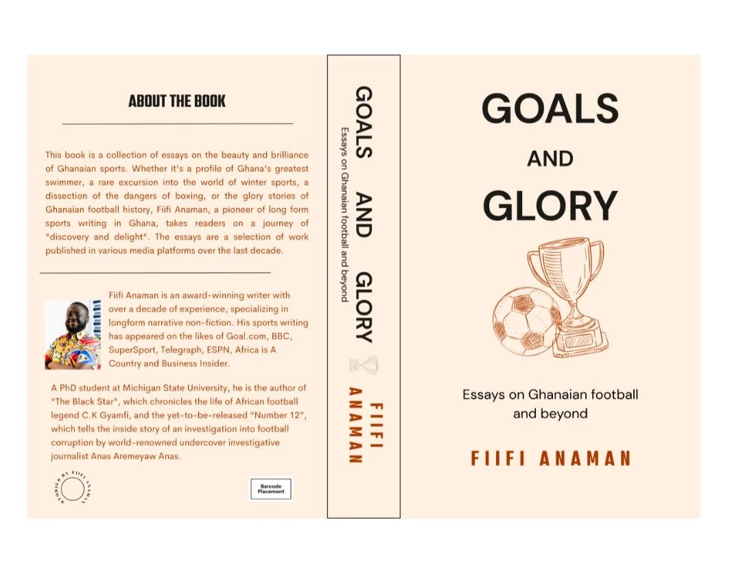 Goals and Glory: back cover, spine and front cover, with the author biography and description of the essay collection